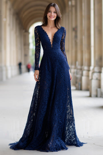 Bleu marine Col V Manches longues Robe longue Mère de la mariée Dentelle trapèze